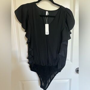 Black Bodysuit with Ruffle Sleeves